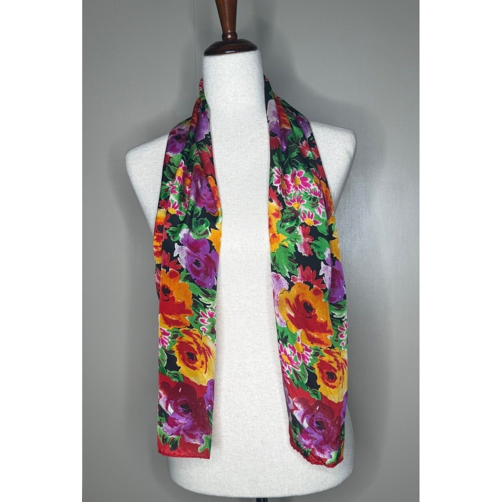 Vintage Bold Floral Scarf Multicolor Long Statement Wrap 9 x 50